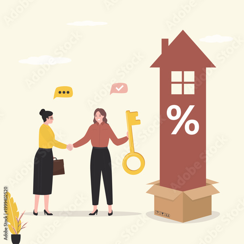 Profitable deal, women shake hands. House shaped arrow growing from cardboard box. Real estate, investment, construction, price or profit growth. Safe property purchase deal.