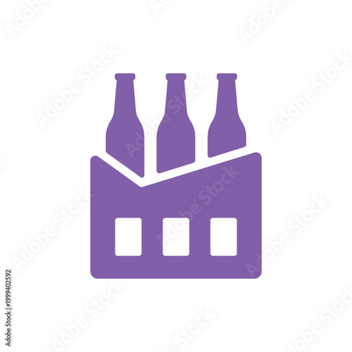 Purple brewery plant icon featuring glass bottles in a manufacturing facility for commercial drink production and distribution.