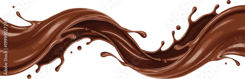Realistic flowing chocolate splash wave with glossy liquid swirl and droplets rich cocoa stream dynamic dessert design vector illustration