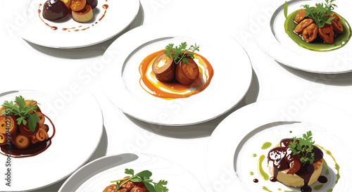 Elegant Fine Dining Gourmet Food Plates Collection with Beautifully Plated Dishes, Sauces, and Garnishes for Restaurant, Menu, and Luxury Culinary Designs
