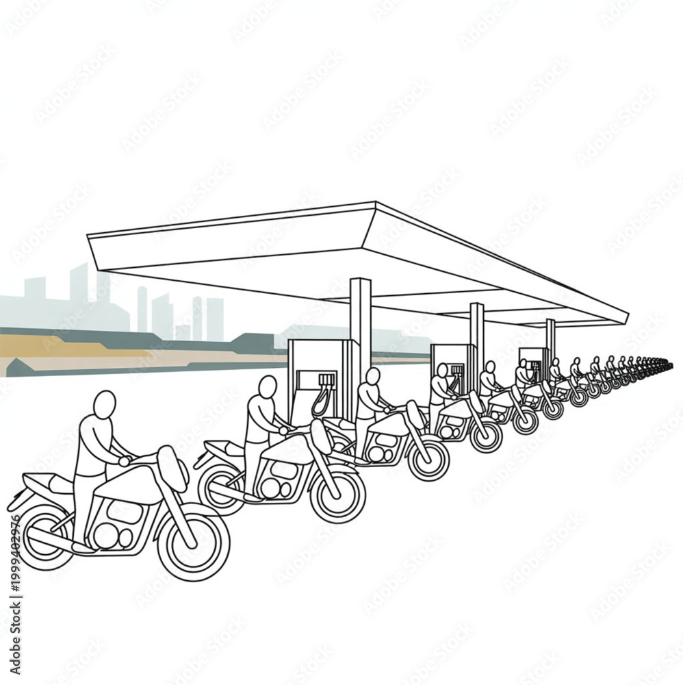 Obraz premium Motorcyclists refueling at a modern gas station with a city skyline background