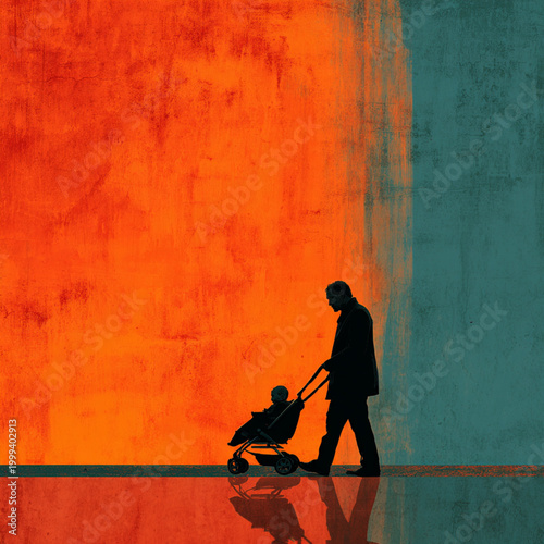 Father pushes a baby in a stroller against a vibrant textured background.