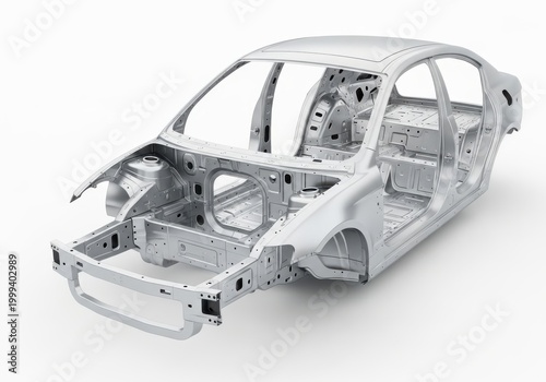 Unfinished silver car chassis frame with visible internal structure and automobile vehicle