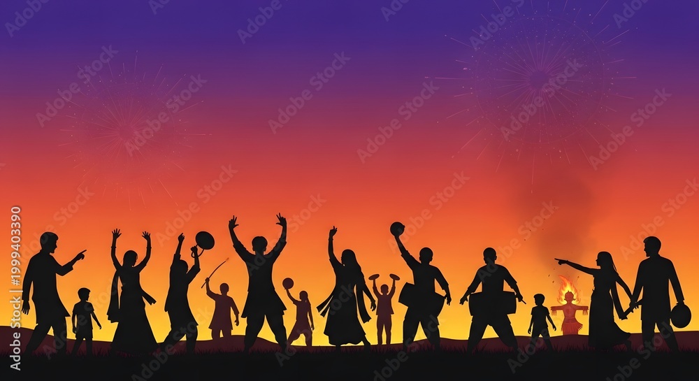 Fototapeta premium Silhouetted crowd celebrates at sunset on horizon.