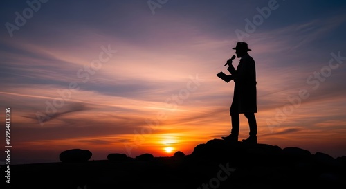 Silhouette of a Traveler Standing on Rocks at Sunset.
