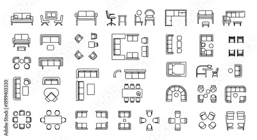 collection of top down architectural furniture icons for interior design floor plans