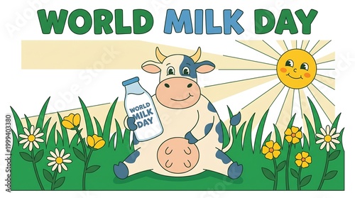 A cartoon cow sits in a field of flowers holding a milk bottle on World Milk Day with a smiling sun in the background
