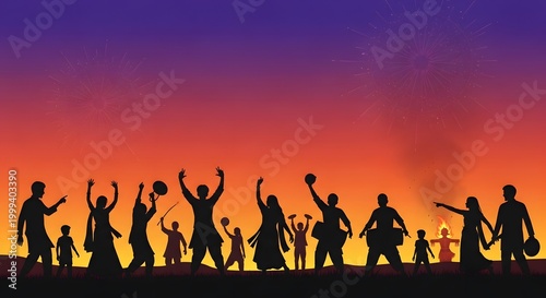 Silhouetted crowd celebrates at sunset on horizon.