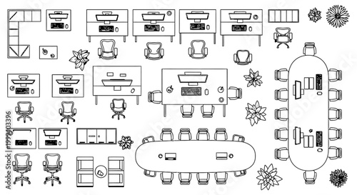 overhead view of modern office furniture and meeting room setup interior design
