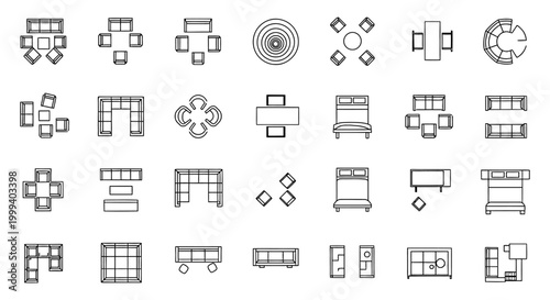 set of top-down furniture layout icons for interior design floor plans