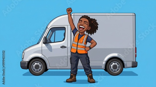 Female truck driver celebrating in orange high-vis vest next to delivery truck  