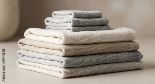Stacked Soft Towels in Neutral Tones for Home Spa Cozy Ambience.