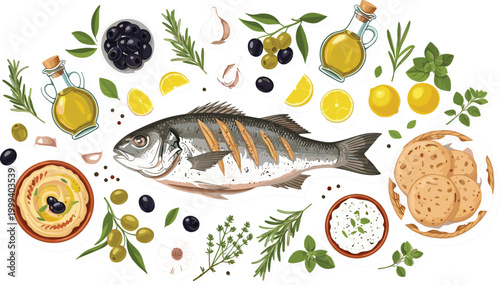 
Fresh Whole Fish with Mediterranean Ingredients, Herbs, Olives, Lemon, and Olive Oil for Seafood and Cooking Concept Designs
Fresh Whole Fish with Mediterranean Ingredients, 
