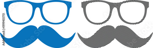 Hipster eyewear and mustache combination set in blue and hatched style.