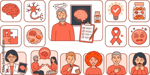 Konstfotografi Brain Health and Wellness Icon Set with Emotions, Medical Symbols, and Health Ti