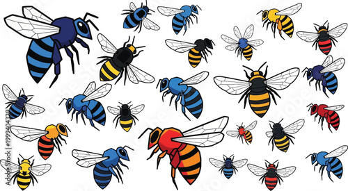 Collection of cartoon bees in various colors and sizes, flying against a white background, insect swarm