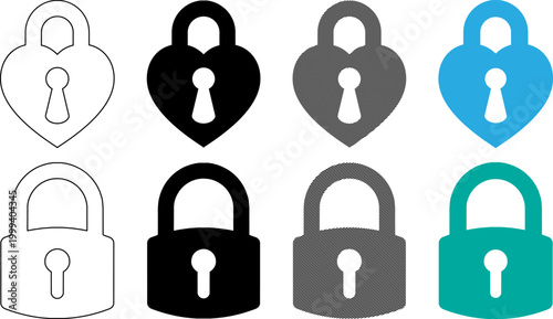 Vector illustration of assorted heart shaped and regular padlocks with keyholes in various styles and colors on transparent background.