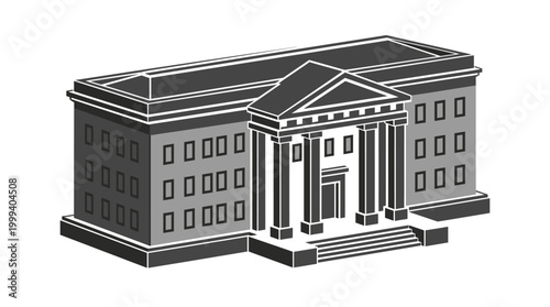 A grayscale isometric illustration of a large building with a classical facade and columns