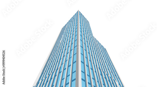 A sleek skyscraper rises high into the sky with a facade of blue windows and gray accents