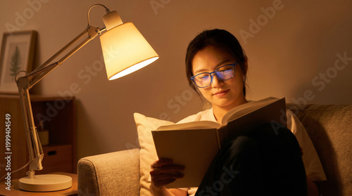 Cozy Reading Nook: A serene moment of quiet contemplation as a person immersed in the pages of a book, illuminated by the warm glow of a desk lamp, in a comfortable living room setting.
