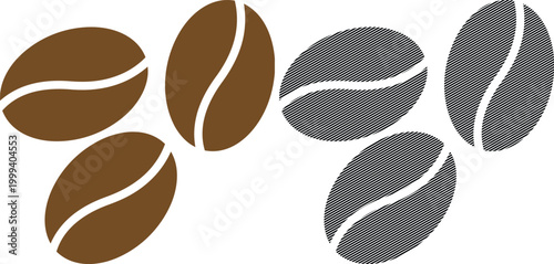 Coffee bean icons collection featuring brown solid and black hatched line art vector illustration for cafe branding.