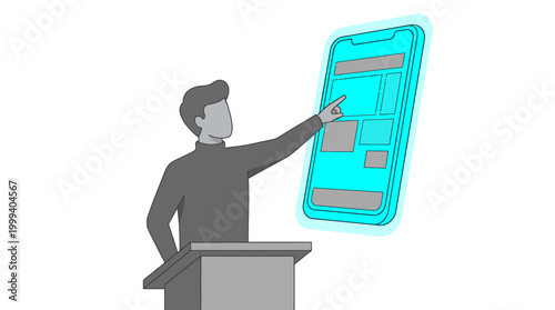 A man interacts with a large smartphone screen standing at a podium