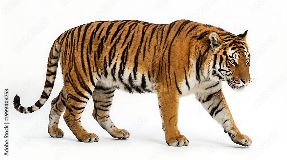 Fototapeta premium Majestic tiger walking gracefully with striking orange and black striped fur in natural pose