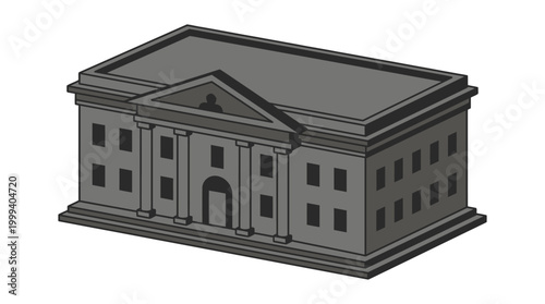 A gray building with columns and a triangular pediment stands on a flat surface