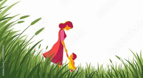 Loving mother and child walking hand in hand through lush green grass, enjoying a peaceful outdoor moment in nature. Tender family bond illustration with copy space.