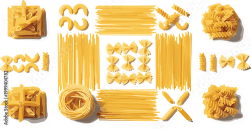 Variety of Raw Pasta Types Collection arranged in Flat Lay Style with Spaghetti, Farfalle, Fusilli, and Penne for Food, Cooking, and Italian Cuisine DesignsVariety of 