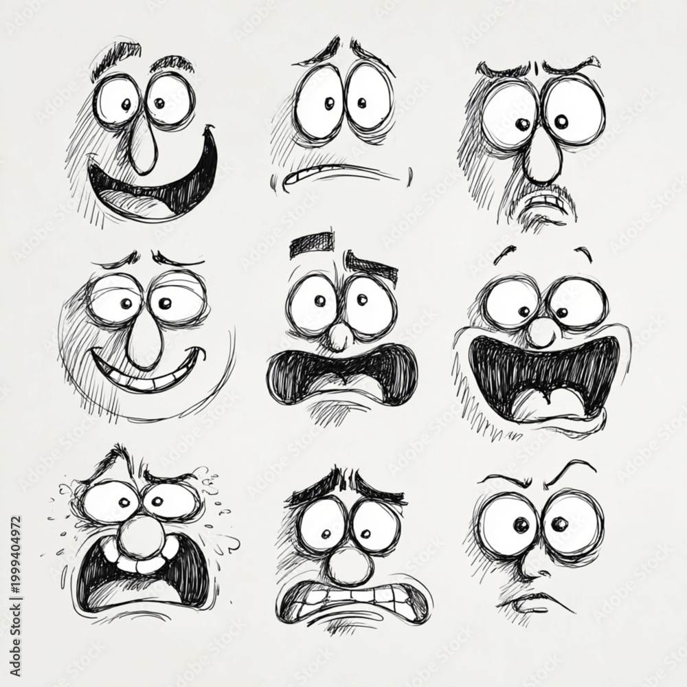 Obraz premium Cartoon faces with exaggerated features demonstrate a wide range of human emotions and reactions.