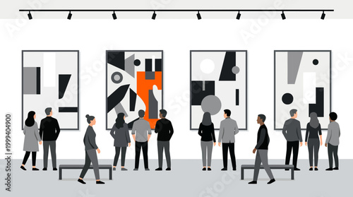 People are looking at abstract art in a modern art gallery with spotlights