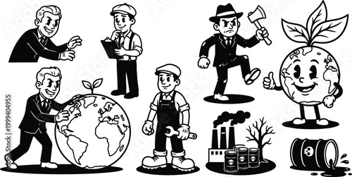 Retro black and white cartoons businessman pushing globe worker factory pollution smiling planet with leaf