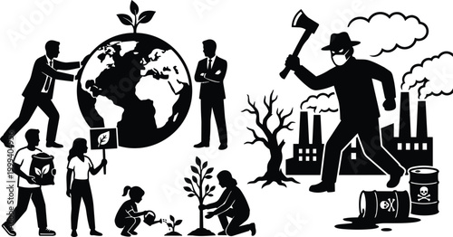 Black and white vector art activists planting trees and protecting earth against polluting factory attacker