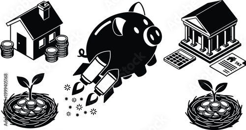Black and white piggy bank rocket with house bank tax and coin nests