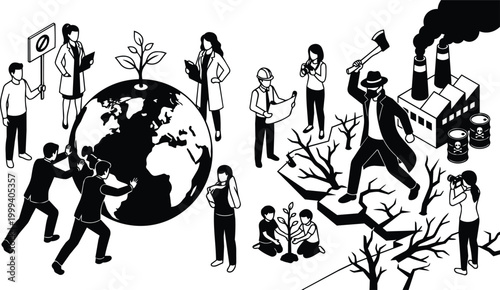 Vector art black and white globe activists planting sapling facing polluting factory with axe wielding man
