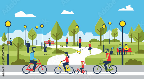 People enjoying cycling and walking with a dog in a vibrant city park with trees and streetlights