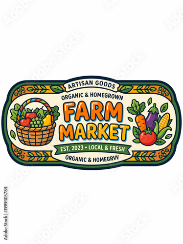 Vibrant Farm Market badge illustration showcasing fresh organic fruits and vegetables, promoting local and wholesome artisan goods