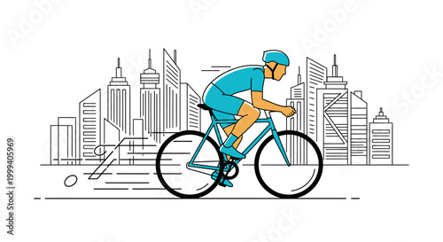 Man in a helmet riding a bicycle in front of a modern city skyline outline, illustrating urban cycling and healthy lifestyle on an isolated white background.