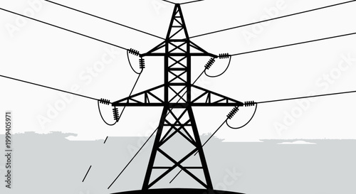 Outline illustration of an electricity pylon with power lines in a grey landscape under a light blue sky, depicting energy infrastructure.