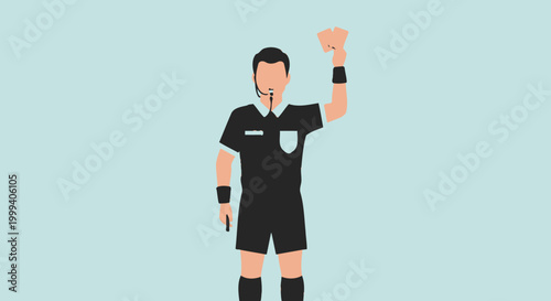 Soccer referee showing a red card, indicating a penalty or expulsion, on a light blue background.