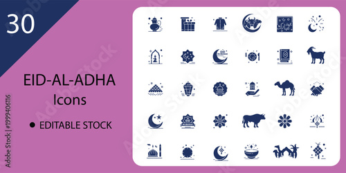 Eid Al Adha Islamic Holiday Icons Collection - Mosque, Goat, Camel, Moon, Quran etc.