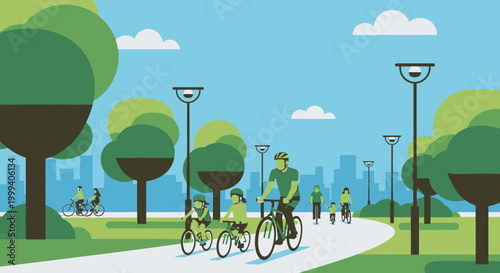 Happy people cycling and enjoying a healthy lifestyle in a lush green park with trees, streetlights, and city buildings in the background under a blue sky.