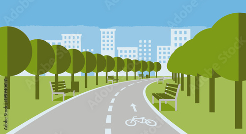 Scenic bicycle path winding through a green park with trees, benches, and city buildings in the background under a blue sky.