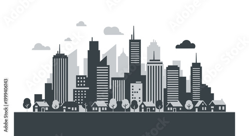 Modern stylized grey city skyline with various buildings and clouds in an urban setting.
