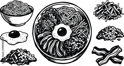 Black and white line art bibimbap bowl with egg noodles bacon and side piles