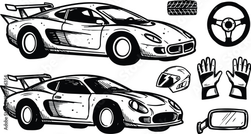 Black and white line art twin race cars with spoiler helmet gloves steering wheel and side mirror