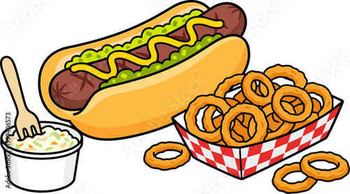 Hot Dog with Mustard and Relish, Crispy Onion Rings, and Creamy Coleslaw in a Picnic Style Meal