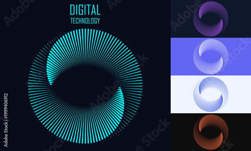 Radial speed lines forming a spiral circle element in five color variations on dark and light backgrounds, digital technology vector icon set.