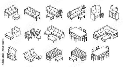 isometric furniture collection for interior design living room and dining sets